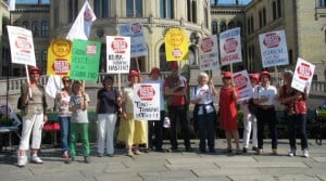 Norwegian Grandparents Climate Campaign at a demonstration in 2012 in front of Parliament. At these monthly events, participants hold signs with messages such as "The Children's Climate - Our Business" and "Statoil Out of Tar Sands," hand out leaflets, and collect petition signatures (http://www.besteforeldreaksjonen.no/).