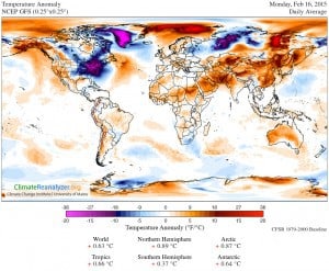 Temperature anomoly showing cold NE North America on Feb. 16, 2015